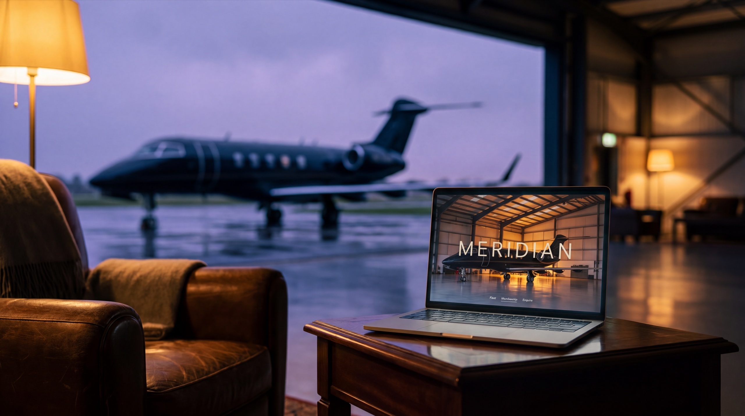 Meridian — the aviation site on a laptop in the hangar at dusk
